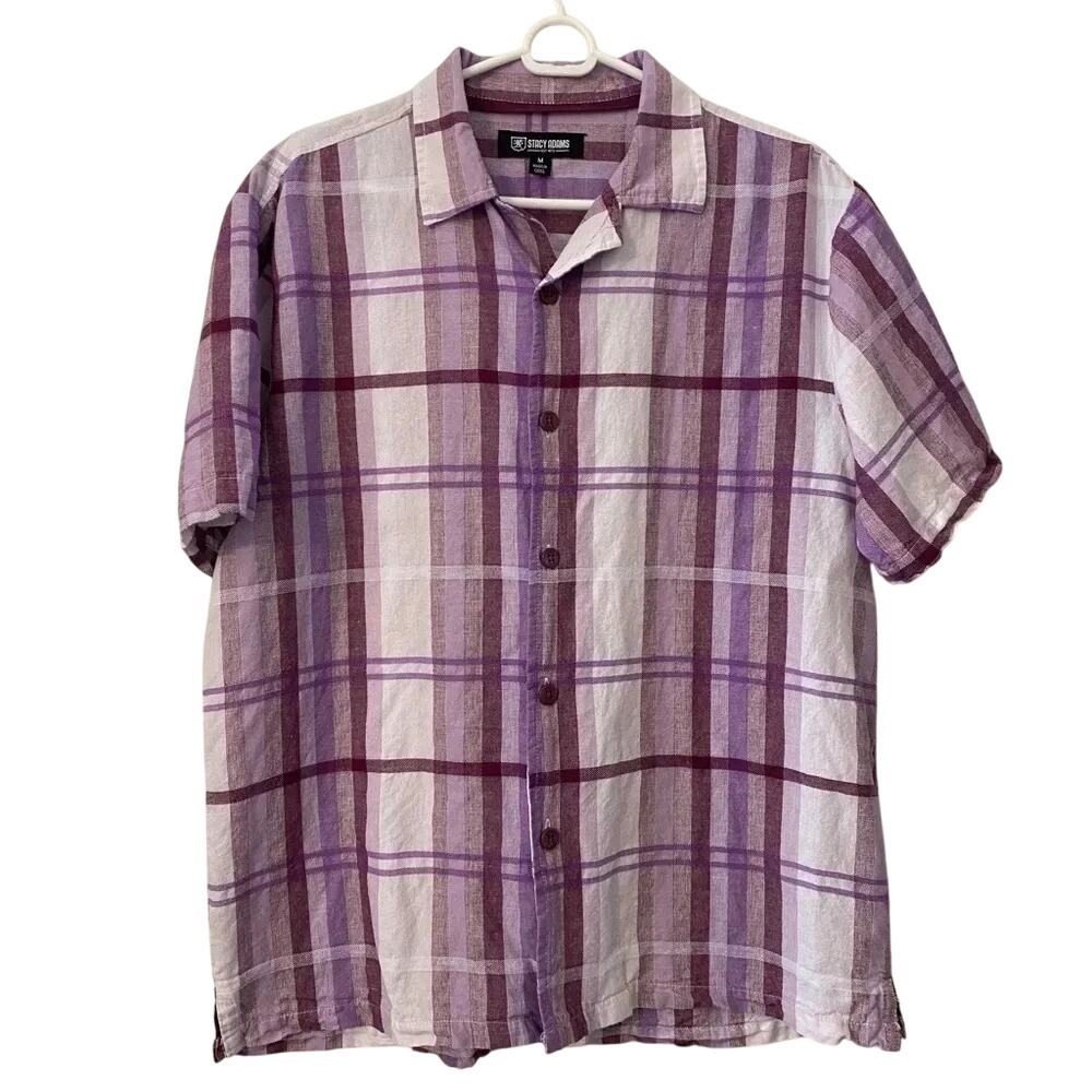 Stacy‎ Adams | Men's Linen Purple Plaid Short Sleeve Button Up Shirt Size M